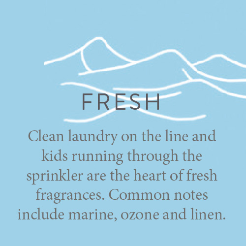 Clean laundry on the line and kids running through the sprinkler are the heart of fresh fragrances. Common notes include marine, ozone and linen.